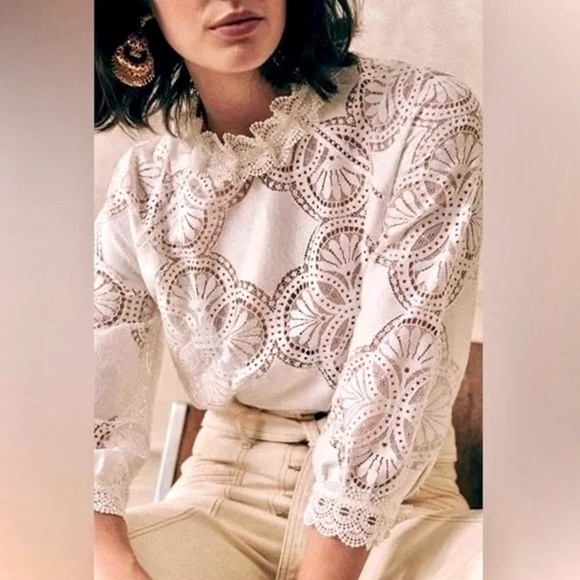 Sezane Tops - Sezane Organic Cotton Lace Bianca Blouse W/ Guipure Lace Accents & 7/8" Sleeves